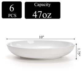Fasmov Melamine Pasta Bowls, 6 Pack 10 inches 47 Oz Large Salad Serving Bowls, Shallow Salad Bowls, Plastic Dinner Deep Plates, Dishwasher Safe, White