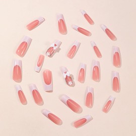 FIEONCIY Press on Nails Coffin Long Glossy Full Cover Acrylic Square French False Nails with Floral Bow Designs Artificial Ballerina Fake Nails with Charm Glue Stick on Fingernails for Women Girls