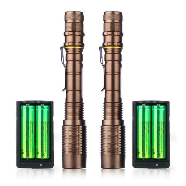 Skywolfeye Led Flashlight 2 Pack Super Bright Flashlights Rechargeable High Lumens Torch 5 Modes Zoomable Waterproof for Camping Kids Adults Outdoor Hiking Emergency (Brown)