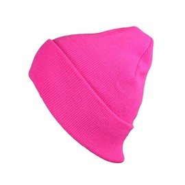 NYFASHION101 Unisex Plain Blank Long Knitted Cuff Beanie Cap, Neon Pink