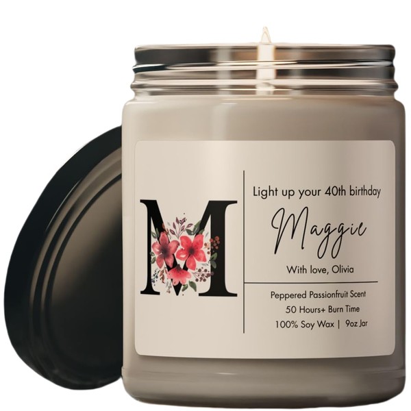 Personalized Floral Initial Scented Soy Candle, 9oz - Custom Birthday