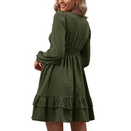 Rooscier Women's Wrap V Neck Swing Ruffle Swiss Dots Long Sleeve Mini Dress Solid Olive Green Small
