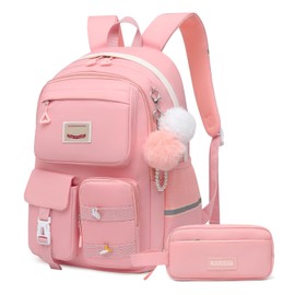 Alrisg Girls Backpack Student Laptop Book Bag with Multiple Pockets for Teen Kids Elementary Middle School Travel Daypack Pink