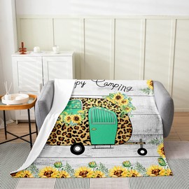 jejeloiu Camping Travel Car Plush Throw Blanket, Camper Fleece Flannel Fuzzy Blanket for Sofa Couch Happy Camping All Season,Bed Blanket Breathable Vintage Wooden Floral Room Decor Throw 50"x60"
