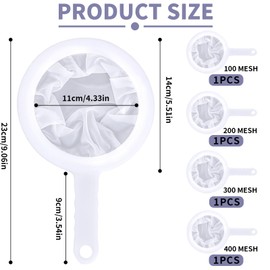 HEOUCH Pack of 4 Nylon Sieve Kitchen Strainer with Handle, 400/300/200/100 Mesh Strainer, Mesh Sieve, Fine Pointed Sieve for Filtering Juice, Milk, Coffee and Wine