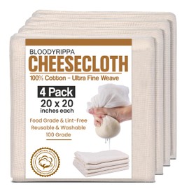 BLOODYRIPPA Cheesecloth 4-Pack 20x20 Inches 100% Unbleached Cotton Grade 100 Ultra Fine Weave, Reusable & Washable Food Grade, Lint-Free Cheese Cloth for Straining, Cooking, and Nut Milk