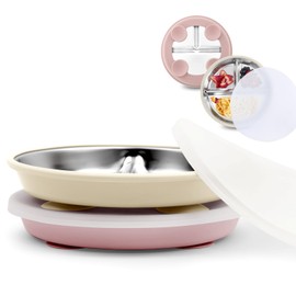 Bakpoco Stainless Steel Toddler Suction Plate with Lid, Deeper 9" Divided Plates with Removable Silicone Sleeves for Kids, Non Toxic & BPA Free | Unbreakable Baby Snack Dishes Set of 2,Pink & Beige
