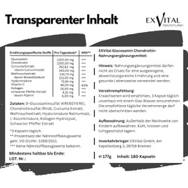 Glucosamine Chondroitin High Dose - 1200 mg per Day - with Curcuma, Frankincense, Hyaluronic Acid, Vitamin C, Collagen & Piperine - 180 Capsules, Laboratory Tested