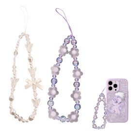 MEKEET 2PCS Phone Charm Strap White and Purple Phone Bracelet Strap Crystal Butterfly Flower Pearl Phone Wrist Strap Beaded Phone Bracelet Lanyard for Ladies Girls Women