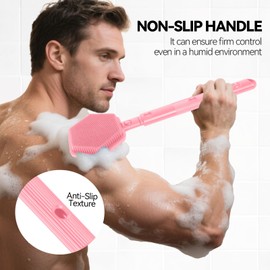 HAYSNA 21 Inches Silicone Back Scrubber for Shower - Extendable Shower Brush Long Handle with Stiff and Soft Bristles -Loofah Alternative- Body Exfoliator for Bath or Dry Brush,Men & Woman (Pink)