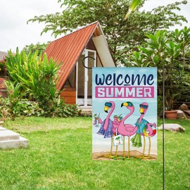 HOMFREEST Summer Flamingo Garden Flag 12x18 Inch Double Sided Burlap Outside Welcome Hello Summer Pink Decor Small Flag Tropical Yard Outdoor Decoration