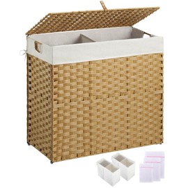 Greenstell Laundry Hamper with lid, No Install Needed, 130L Wicker Laundry Baskets Foldable 2 Removable Liner Bags, 2 Section Clothes Hamper Handwoven Rattan Laundry Basket with Handles, Natural