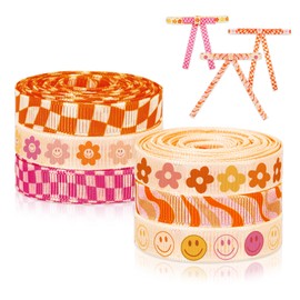 Whaline 6 Rolls Retro Groovy Ribbon 30 Yards 0.4 Inch Boho Daisy Checkered Face Grosgrain Ribbon Vintage Boho Fabric Craft Ribbon for Wreath Bow Making Gift Wrapping Decor DIY Crafts