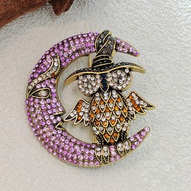 Vintage-Style Halloween Owl and Moon Brooch, Crystal Rhinestone Pin, Purple and Orange