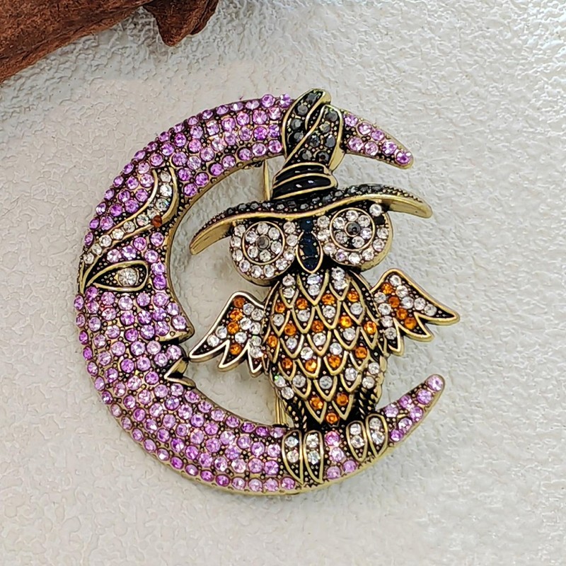 Vintage-Style Halloween Owl and Moon Brooch, Crystal Rhinestone Pin, Purple