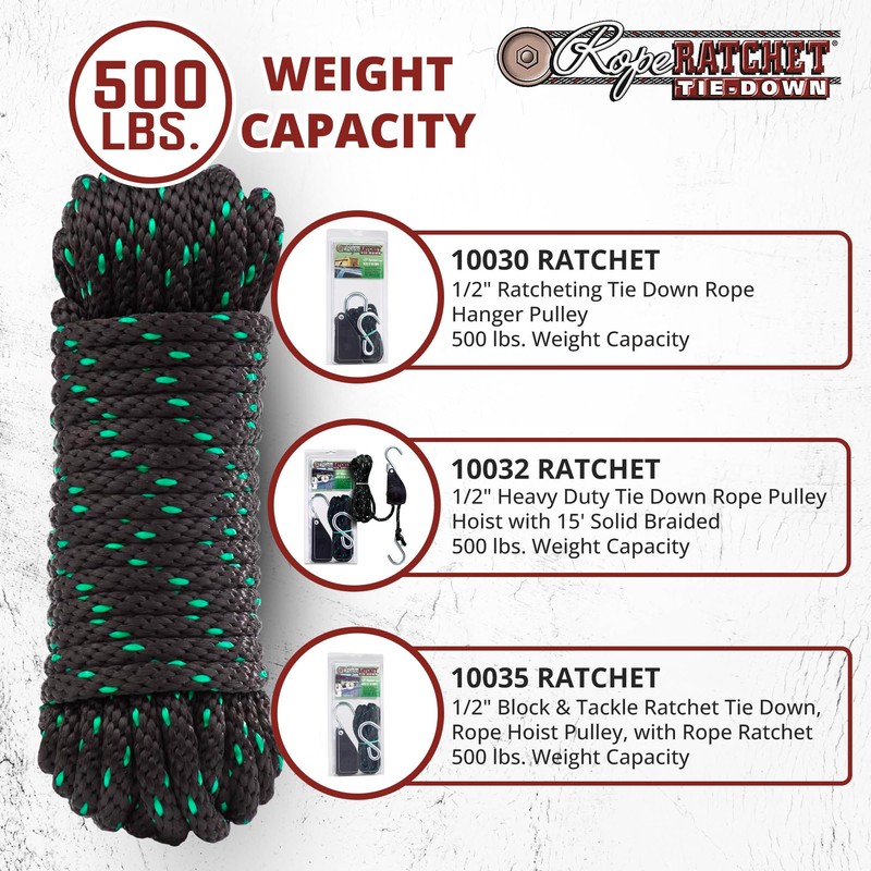 Rope Ratchet 1/2" 50 ft Solid Braided Polypropylene Rope, Heavy