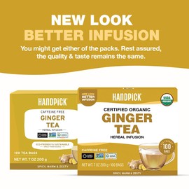 HANDPICK, Organic Ginger Tea Bags (100 Herbal Tea Bags), Caffeine Free & 100% Pure Ginger Root |Soothing & Spicy Blend | Round Eco Conscious Teabags