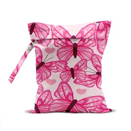 Butterfly Wet Bags 12x10 Inch, Pink Heart Waterproof Wet Dry Bags, Reusable Washable Travel Laundry Bag for Swimsuit Beach Diapers Dirty Yoga Gym Clothes, Butterfly Gifts for Women Friend Travelers