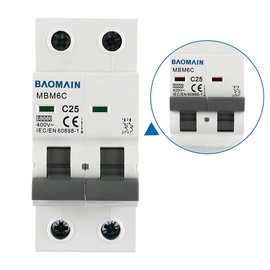 Baomain Miniature Circuit Breaker 2-Pole 25A MBM6C DZ47-63 C25 400VAC, DIN Rail Mount MCB 2P, for Electrical Distribution and Lighting Circuits