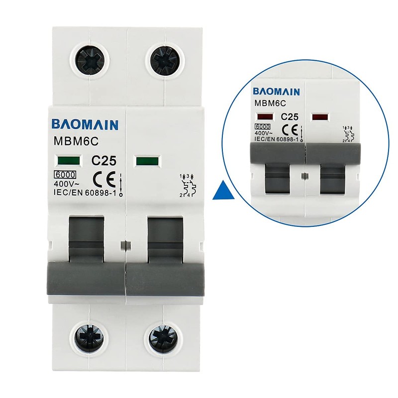 Baomain Miniature Circuit Breaker 2-Pole 25A MBM6C DZ47-63 C25 400VAC,