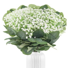 LUCKNIGHT Faux Flowers, 36 Pcs Gypsophila Artificial Flowers, with 10 Eucalyptus Artificial Flowers, Green Ribbon, White Artificial Flowers for Flower Arrangement Wedding Party Home Garden Decoration