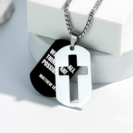 ZRAY Dog Tag Necklace for Men Bible Verse Cross Pendant Stainless Steel Chain 24inch Inspirational Christian Jewelry Meaningful Religious Gift for Boys（19:26）