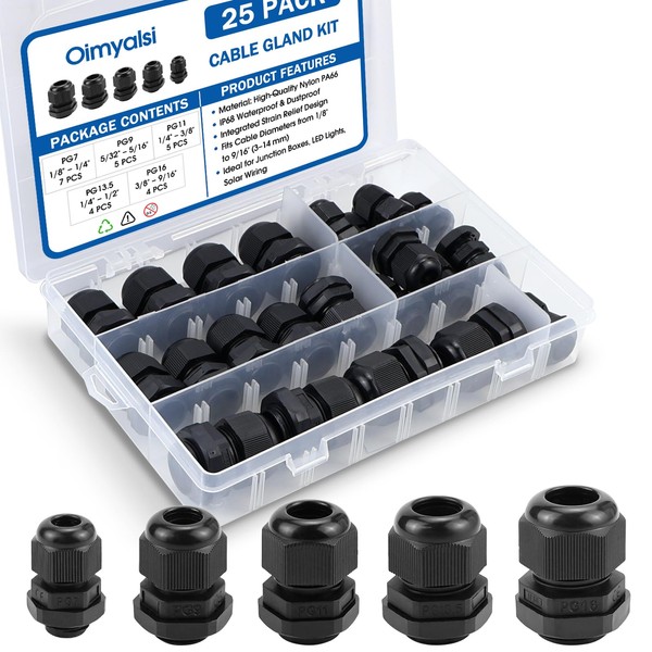 25 Pack Cable Gland Kit – IP68 Waterproof Nylon Cord