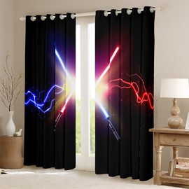 Castle Fairy Lightsaber Curtain for Bedroom,Blue Red Neon Lightning Sparkling Window Curtain for Girls Teens,Boys Games Starry Galaxy Black Decor Microfiber Window Treatment, 42Wx84L inch