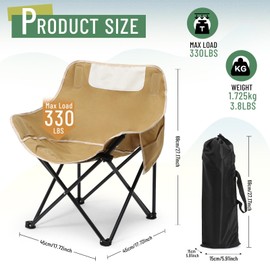 Seeloowy 2 Pack Compact Camping Chair Portable Folding Chairs for Outside with Carry Bag Lightweight Moon Chairs for Travel Picnic Hiking Beach Fishing, 600D Oxford, Supports 330lbs (Khaki, Black)