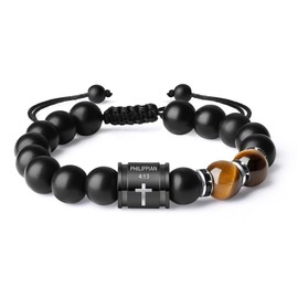 KETRYEP Mens Beaded Bracelets 10mm Natural Lava Rock Stone Black Onyx and Tiger Eyes, Bible Verse Cross Bracelets for Men Christmas Birthday Religious Gifts for Men Father Boyfriend Husband Son (Philippians 4:13, Matte Agate)