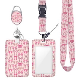 Pink Bow ID Badge Holder Badge Reel Lanyards for ID Badges Work Vertical Protector Retractable Carabiner Clips Heavy Duty Key Lanyard for Women Girls Teacher Singer Dancer Accountant Office Gifts