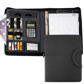 Leather Padfolio Portfolio, Business Conference Organizer Notepad Folder Bag for Women/Men(with Calculator, Black)