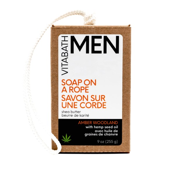 Vitabath Men's Amber Woodland Soap on a Rope Moisturizing Natural Hemp Oil & Shea Bar - Hydrating Whole Body Cleanser for Men or Women - 9 oz