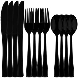 180pcs Black Disposable Cutlery Set Plastic Silverware Heavy Duty Utensil Sets 60 Forks 60 Knives 60 Spoons for Birthday Home Office School Party Picnics Restaurant Outdoor Events or Every Day Use