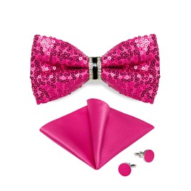 DiBanGu Hot Pink Sequin Bow Ties for Men Sparkly Bow Tie and Pocket Square Cufflinks Set Adjustable Pre-tied Bowtie Wedding Party