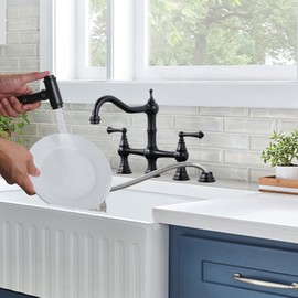 WOWOW Brass Kitchen Faucet with Side Sprayer, 8 Inch Centerset Bridge Faucet for Kitchen Sinks, 4 Hole Kitchen Faucet Bronze Vintage Farmhouse Kitchen Sink Faucet, Oil Rubbed Bronze Kitchen Faucet