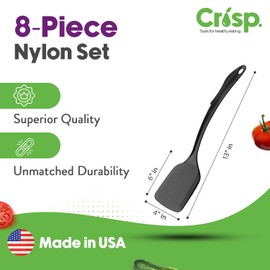 Crisp 8-Piece Utensil Set - Plastic, Durable Kitchenware, Dishwasher Safe, Heat Resistant Up To 400F - Includes Turner, Spoon, & More - Made in the USA - Black