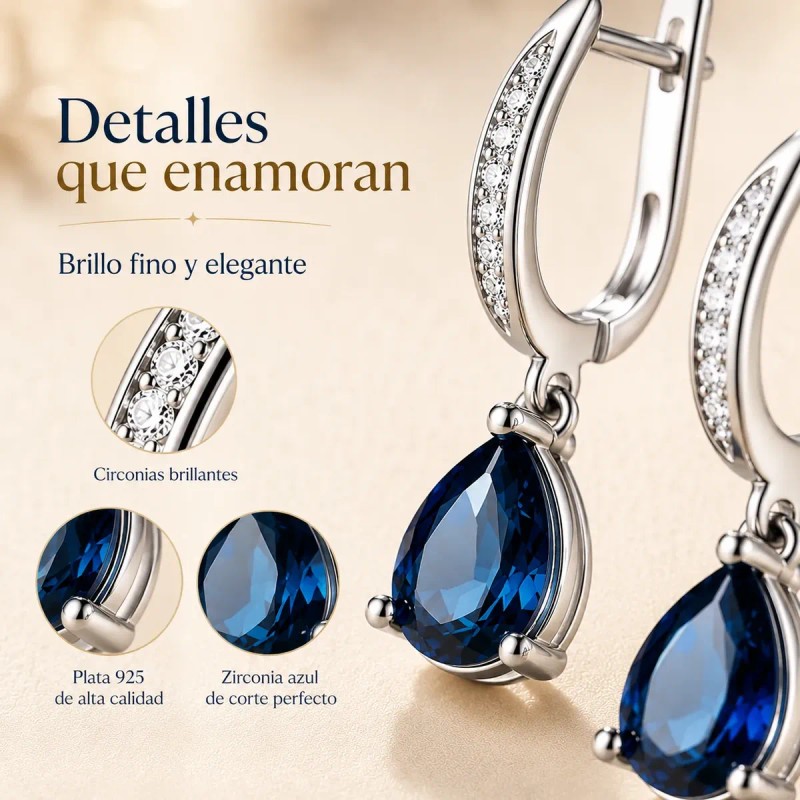 Aretes Plata 925 Mujer Gota Zirconia Azul Profundo Elegante
