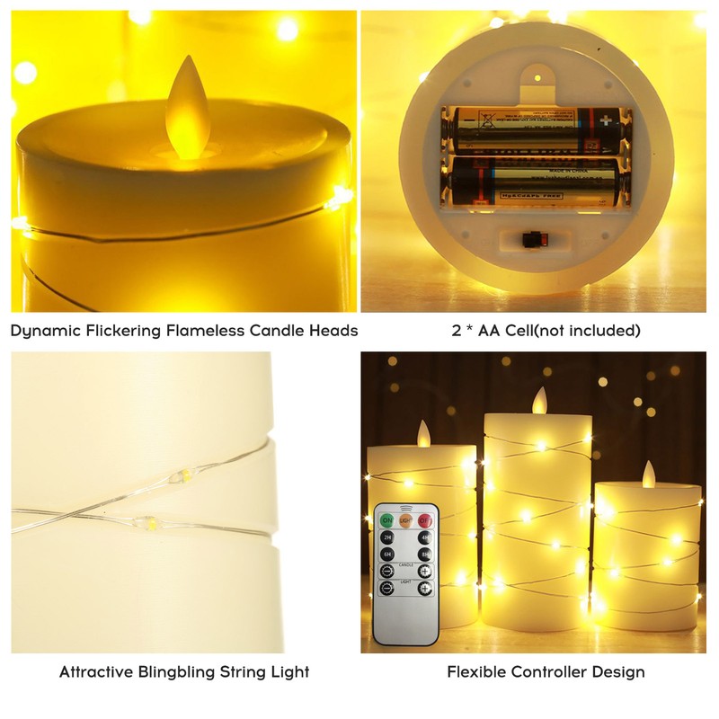 3PCS Flickering Flameless Candle Lights with Twisted String Lights Kit