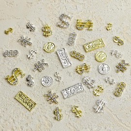Money Nail Charms 3D Metal Alloy Dollar Sign Nail Gems Silver Gold Nail Jewels with Rhinestone Shiny Luxury Money Sign Nail Art Supplies for Women Girls DIY Acrylic Nail Manicure Decorations 36Pcs