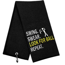 Funny Golf Towel, Swing Swear Look for Ball Repeat - Golf Gifts for Men, Golf Accessories for Men, Embroidered Golf Towels for Golf Bags with Clip, Black