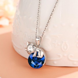 LONAGO Cat Birthstone Necklace 925 Sterling Silver Cat Pendant Necklace with September Created Sapphire Gifts for Women