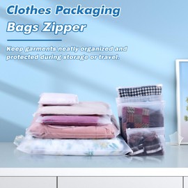 100 Packs Clothes Packaging Bags with Ziplock 9.8 x 11.8 inch Plastic Clear Travel Organizer Bags for T-Shirt Clothes Resealable Zipper Poly Storage with Size Stickers