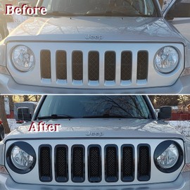 ABS Bezels Front Light Headlight Cover Angry Bird Style & Mesh Grille Grill Insert Kit Trim For Jeep Patriot Accessories 2011-2017 Jeep Mods Black Decoration (9 PCS)