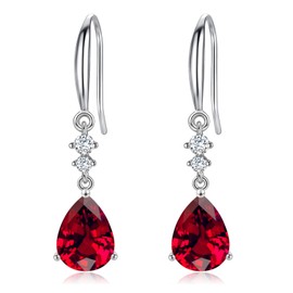 Sterling Silver Dangle Earrings for Women, Hypoallergenic Silver Drop Earring with Garnet Cubic Zirconia Teardrop Drop Linear CZ Hook Earring Jewellery Birthday Christmas Gifts for Her Girls
