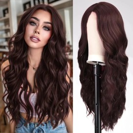 Creamily 24 Inch Black Ombre Wigs in Burgundy Red for Women Long Curly Wig Glueless Deep Wavy Wigs Synthetic Hair