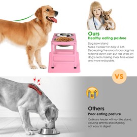 ADENGL Pink Metal Raised Dog Bowl Stand for Large Dogs, Stronger Elevated Dogs Bowls with Sprill Proof Mat, Food & Water Bowl 10in Tall Feeder (42OZ-Stainless Steel Dog Bowls, Mat-12x19 in)