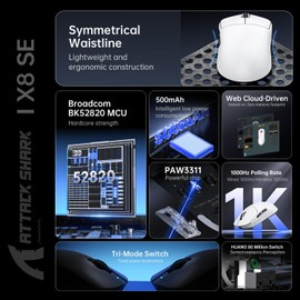 ATTACK SHARK X8SE Wireless Gaming Mouse,Adjustable 25K DPI PAW3311 Optical Sensor,Ergonomic 59g Lightweight,Triple Modes 2.4G/BT/USB-C,500mAH Battery,5 Programmable Buttons for PC/Mac-White&Griptape