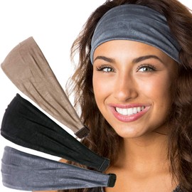 Hipsy Adjustable & Stretchy Crushed Xflex Wide Headbands for Women Girls & Teens (Crushed Grey/Black/Taupe 3pk)