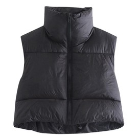 Hixiaohe Women's Winter Crop Vest Puffer Lightweight Stand Collar Padded Vest Zip Up Sleeveless Jacket(Black,L)